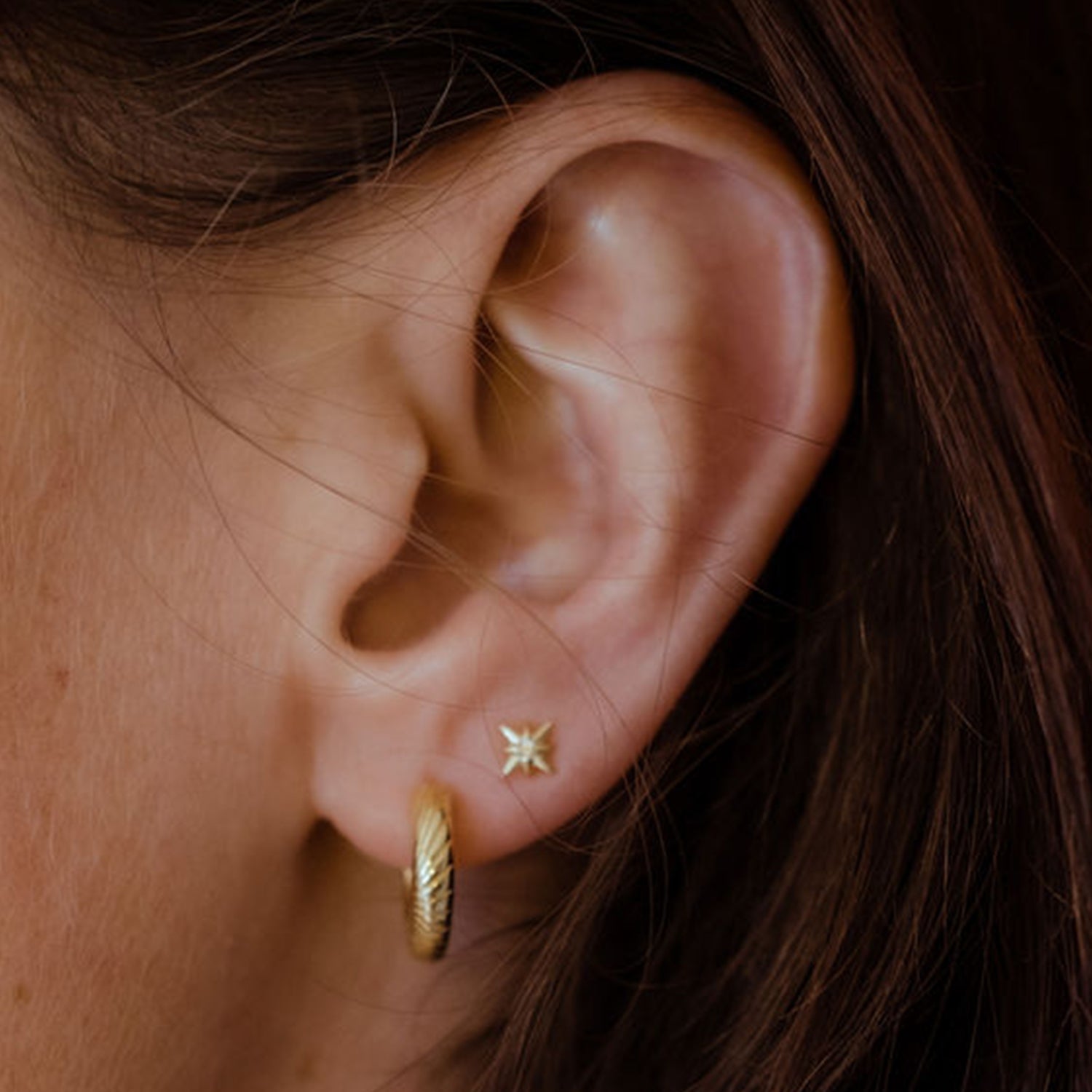 Gold stud star earring with White Topaz