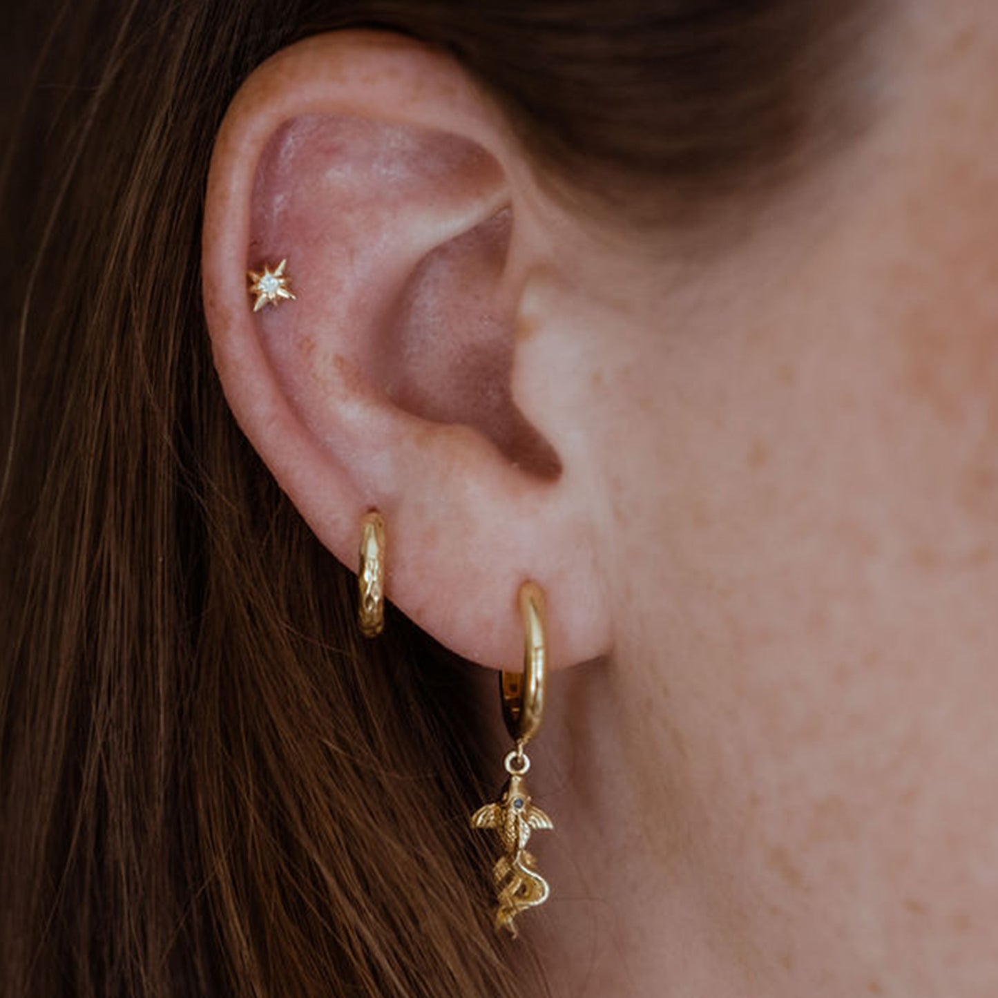 Koi Carp Hoop Earrings in 14ct Gold Vermeil with London Blue Topaz