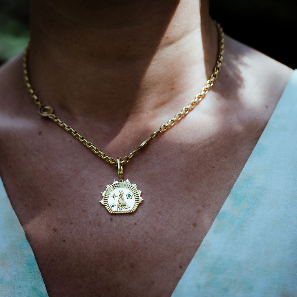 Come Closer, Chrissy Statement Necklace in 14ct Gold Vermeil with Emerald and White Topaz