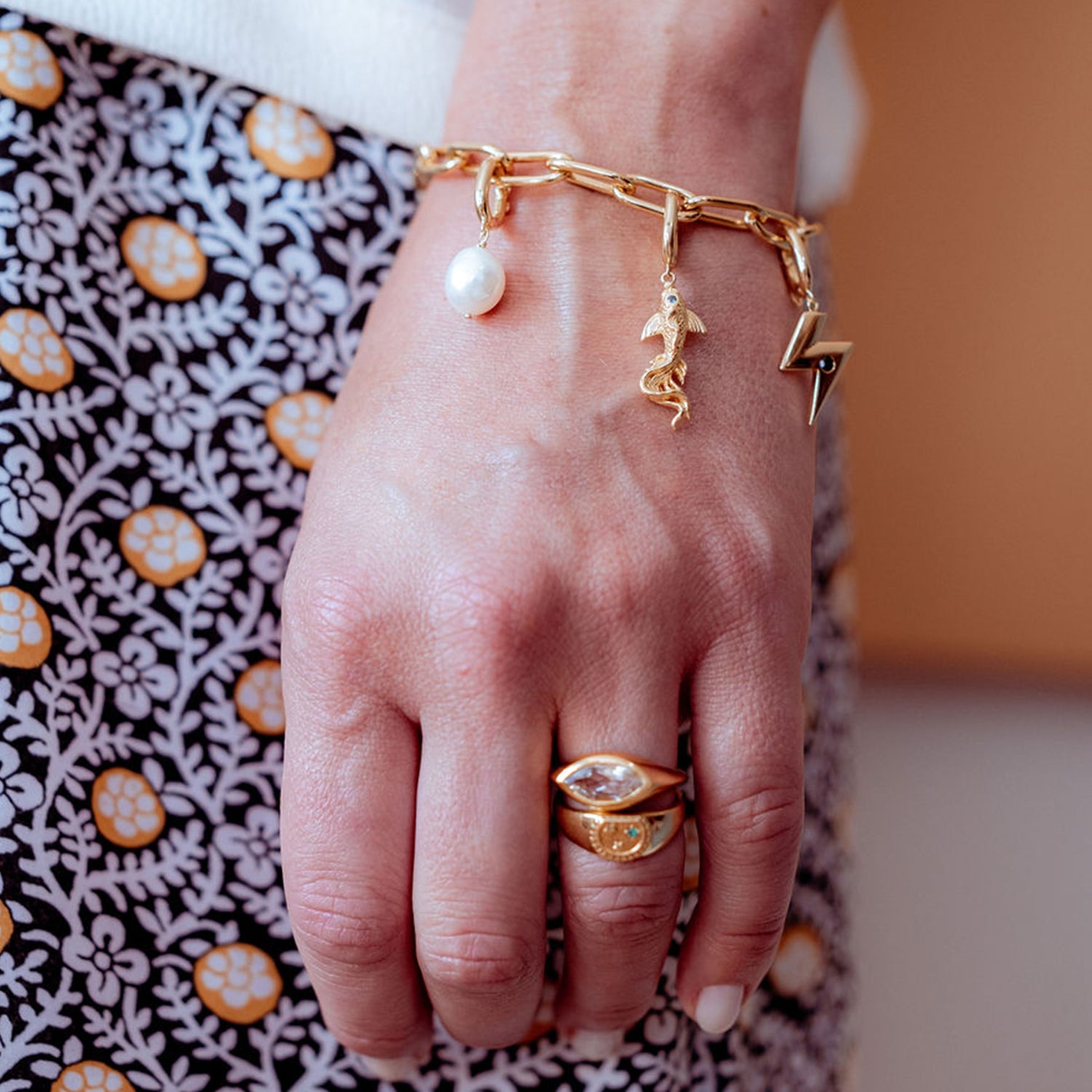 Pearl Drop Clip-On Pendant on Gold Bracelet Chain