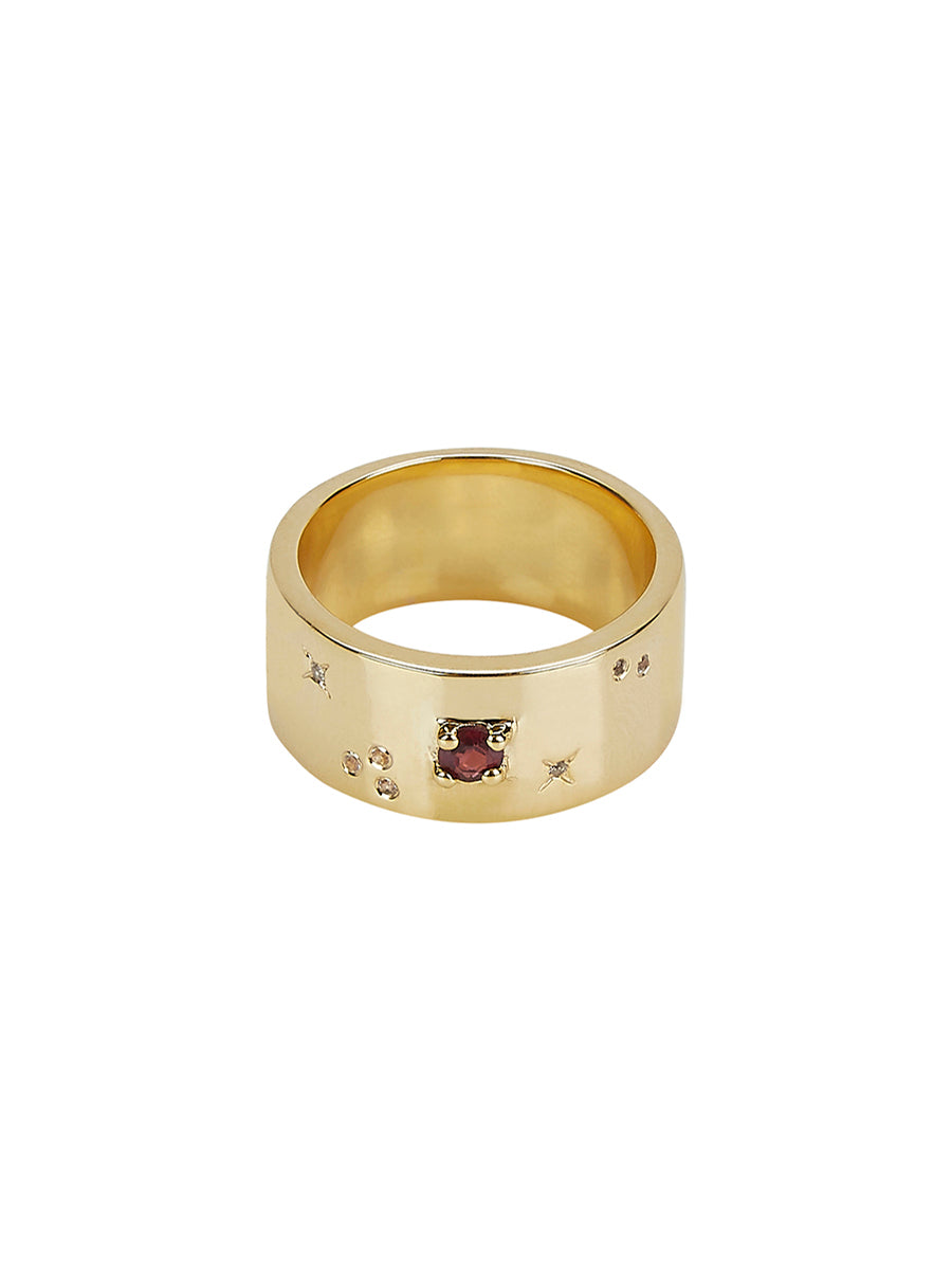Cigar Band Ring in 14ct Gold Vermeil with Garnet and White Topaz