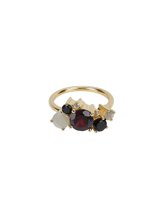 Pretend You're French Jewelled Ring in 14ct Gold Vermeil with Garnet, Grey Moonstone, Black Spinel, White Topaz.