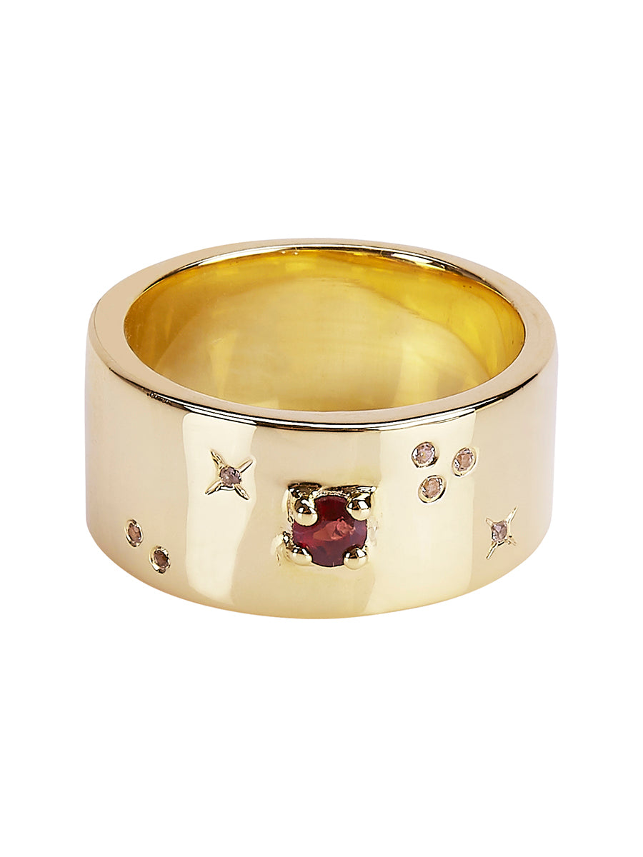 Resist Captivity Cigar Band Ring in 14ct Gold Vermeil with Garnet and White Topaz