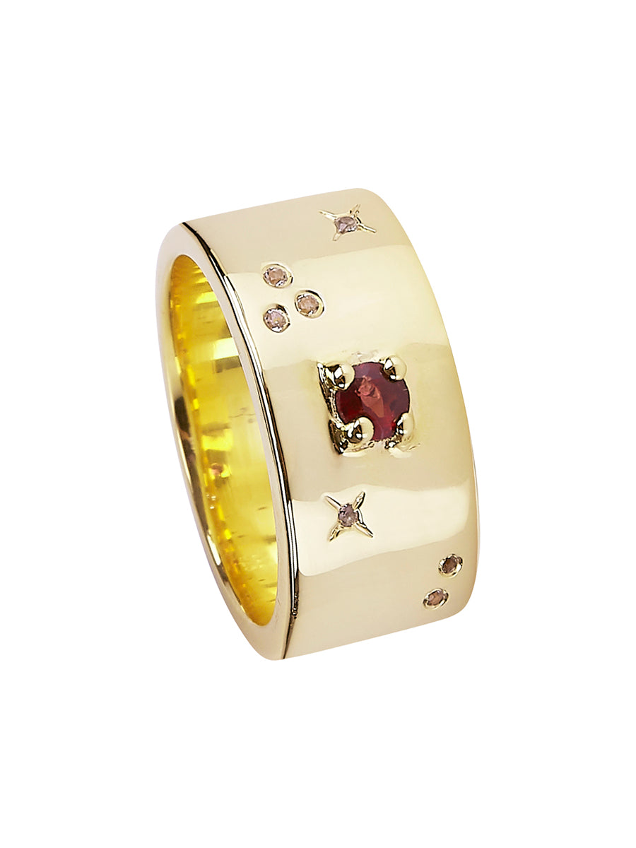 Cigar Band Ring in 14ct Gold Vermeil with Garnet and White Topaz