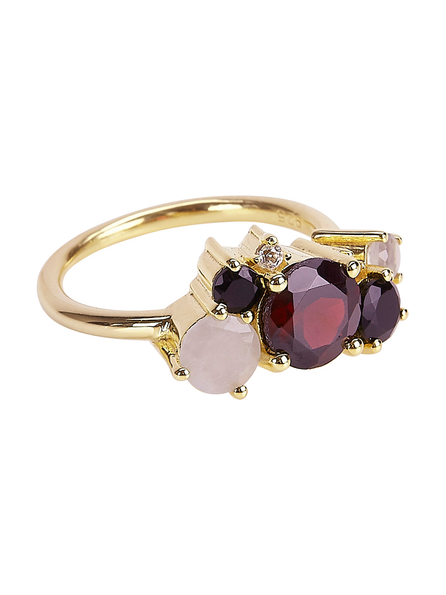 Pretend You're French Jewelled Ring in 14ct Gold Vermeil with Garnet, Grey Moonstone, Black Spinel, White Topaz.
